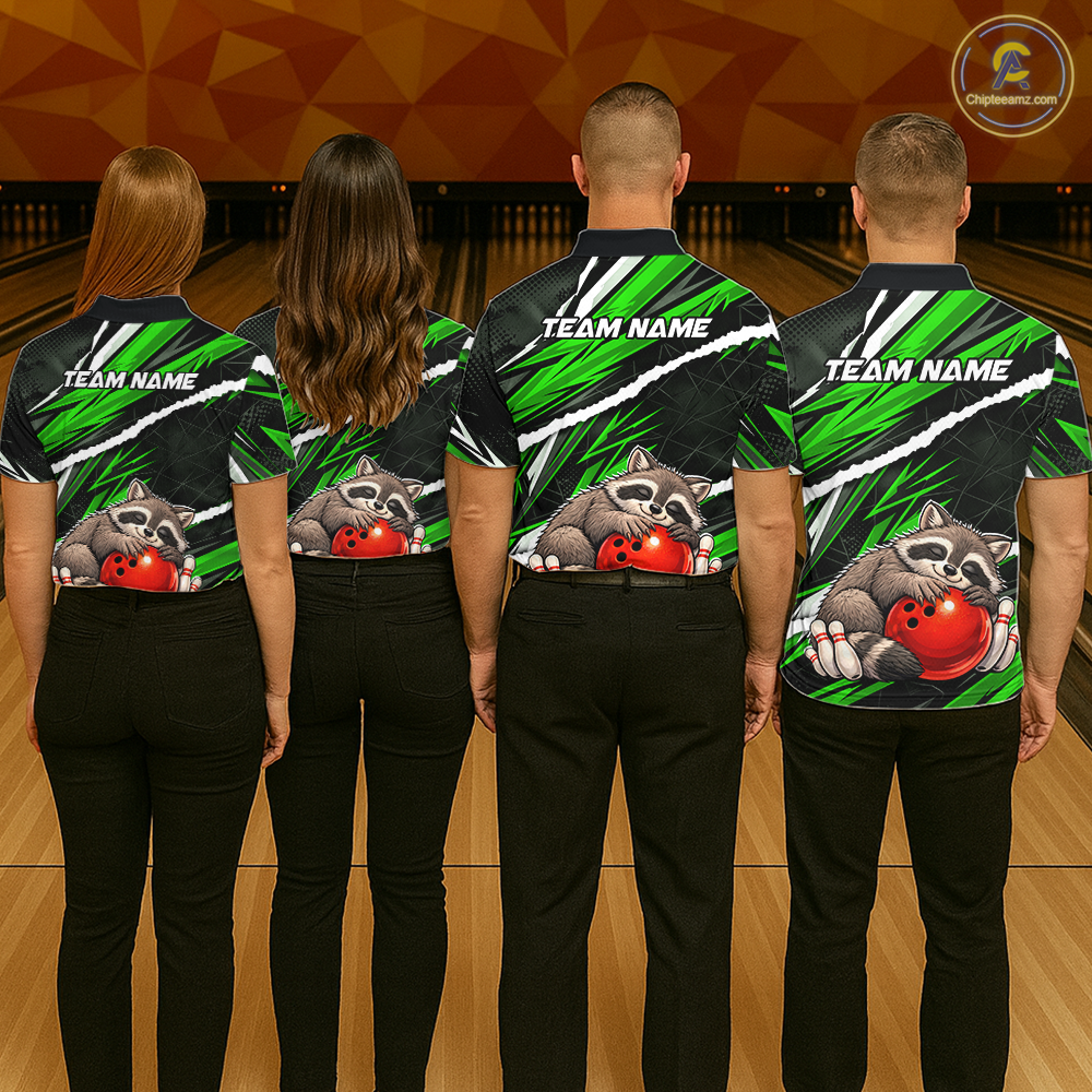 Custom Green Raccoon Funny Bowling Jersey for Men Bowling Team Shirts Polo & 1/4 Zip HNT247