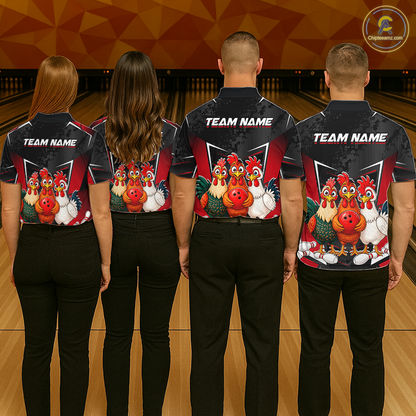 Red Funny Three Chicken Bowling Jersey for Men Bowling League Bowling Team Shirts HN287