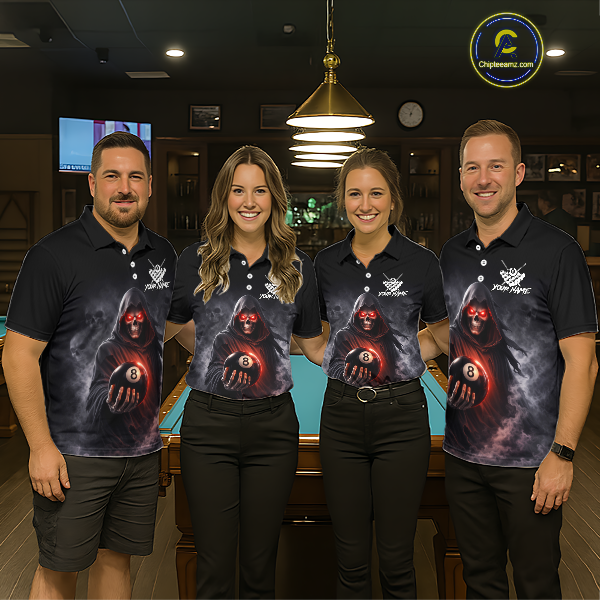 Custom Grim Reaper Billiard Shirts for Men 8 Ball Pool Shirt Polo & Quarter-Zip Billiard Jersey Unisex BHT7
