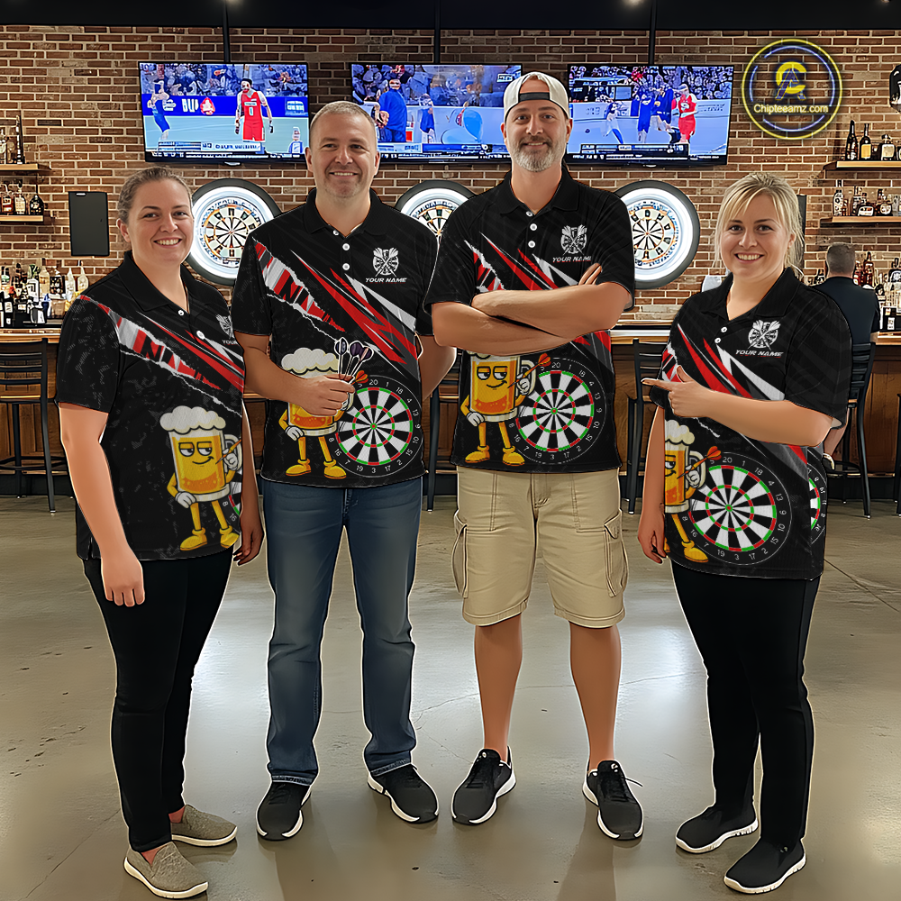 Custom Red Funny Beer Dart Shirts for Women Darts Team Jerseys Dart Tournament Polo & 1/4 Zip NNT139