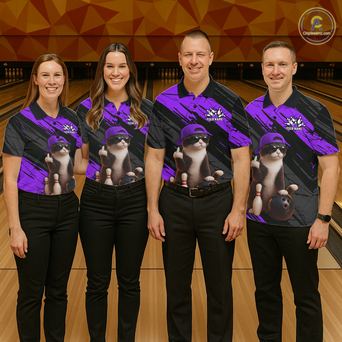 Custom Funny Cat Purple Bowling Jersey for Women Bowling Polo & 1/4 Zip Bowling Team Shirts HNT198
