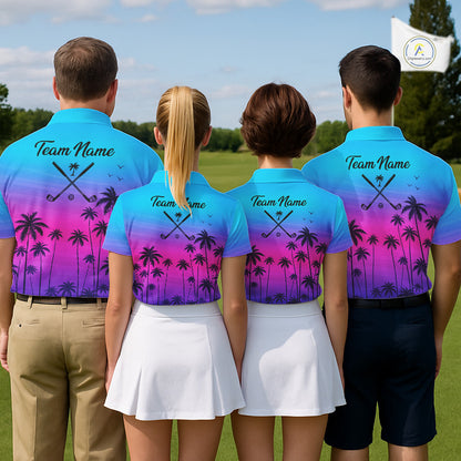 Pink Blue Neon Palm Pattern Mens Golf Polo Shirt Custom Golf Ball Blue Golf Tops, Golfer Gifts NHN0157