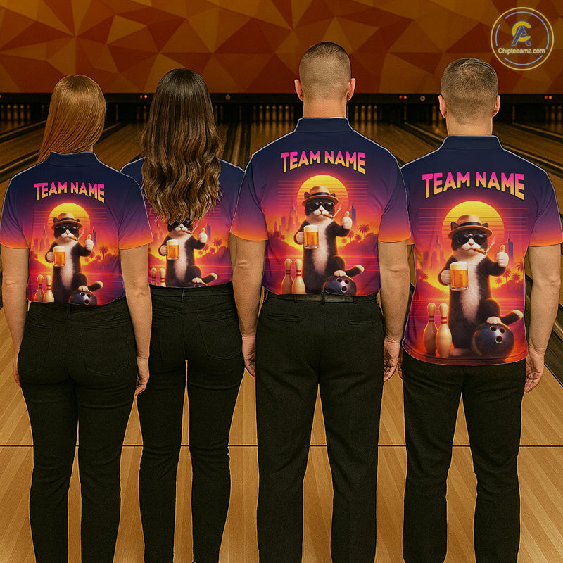 Custom Beer Cat Retro Bowling Shirt for Women Cat Funny Beer Bowling Team Jersey Polo &1/4 Zip HNT275