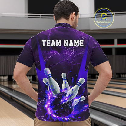 Purple Thunder Lightning Custom Bowling Shirts For Men, Flame Bowling Jerseys With Team Name IPHW7161