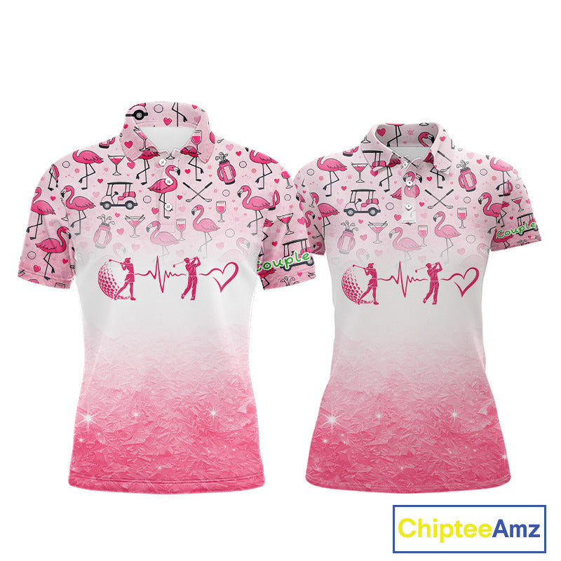 Pink Flamingo Heart Theme Matching Golf Polo Shirt For Couple Custom Couple Valentines Outfit NHN0145