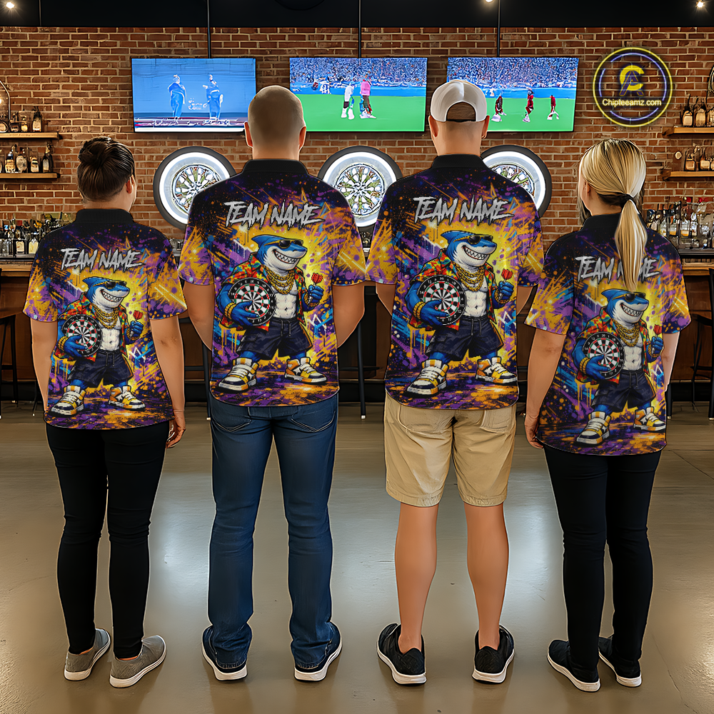 Custom Funny Shark Dart Shirts for Men Darts Team Jerseys Dart Tournament Polo & 1/4 Zip NNT136
