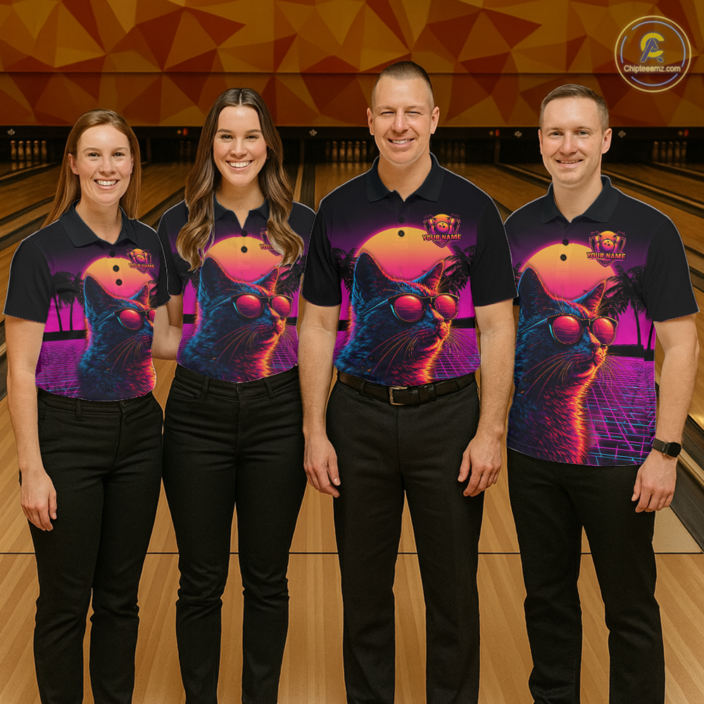 Custom Funny Cat Retro Sunset Bowling Jersey for Men Bowling Uniform Bowling Team Shirts HNT279