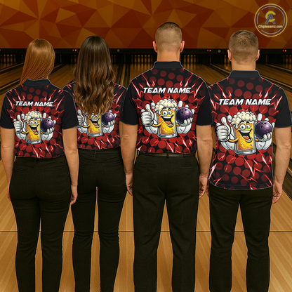 Custom Red Funny Beer Bowling Jersey for Women Bowling Team Shirts Polo & 1/4 Zip HNT187