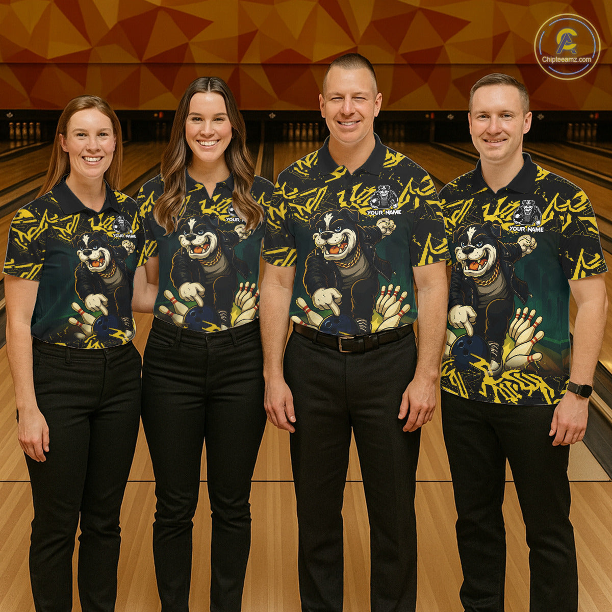 Black and Yellow Camo Funny Bulldog Bowling Shirts For Men Custom Cool Bowling Outfits Team Jerseys NQS11215