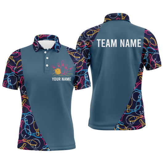 Personalized Men Polo Bowling Shirt, Bowling Balls Pins Pattern Bowlers Team Jersey NBP25