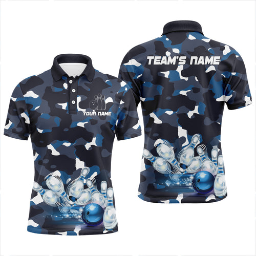 Blue Camo Bowling Men's Polo Shirt, Custom Team Name Short Sleeve Men Bowling Jersey NBP94