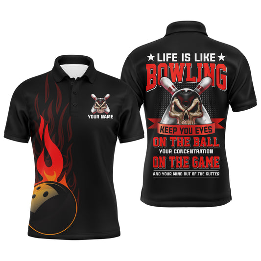 Flame Men Polo Bowling Shirt, Personalized Skull Bowlers Jersey Short Sleeves NBP61