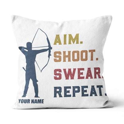 Funny Vintage Archery Aim Shoot Swear Repeat Custom Name White Pillow TDM0755