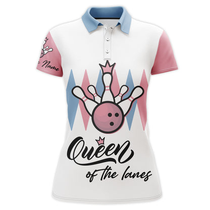 Personalized Women Polo Bowling Shirt, Queen of The Lanes, Short Sleeve Female Bowlers Jersey NBP30