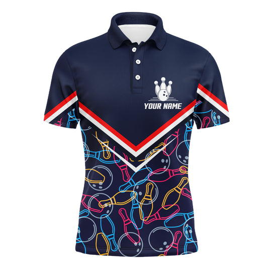Custom Men Polo Bowling Shirt Navy Blue Bowling Pins and Ball Pattern Short Sleeve Men Bowlers NBP05