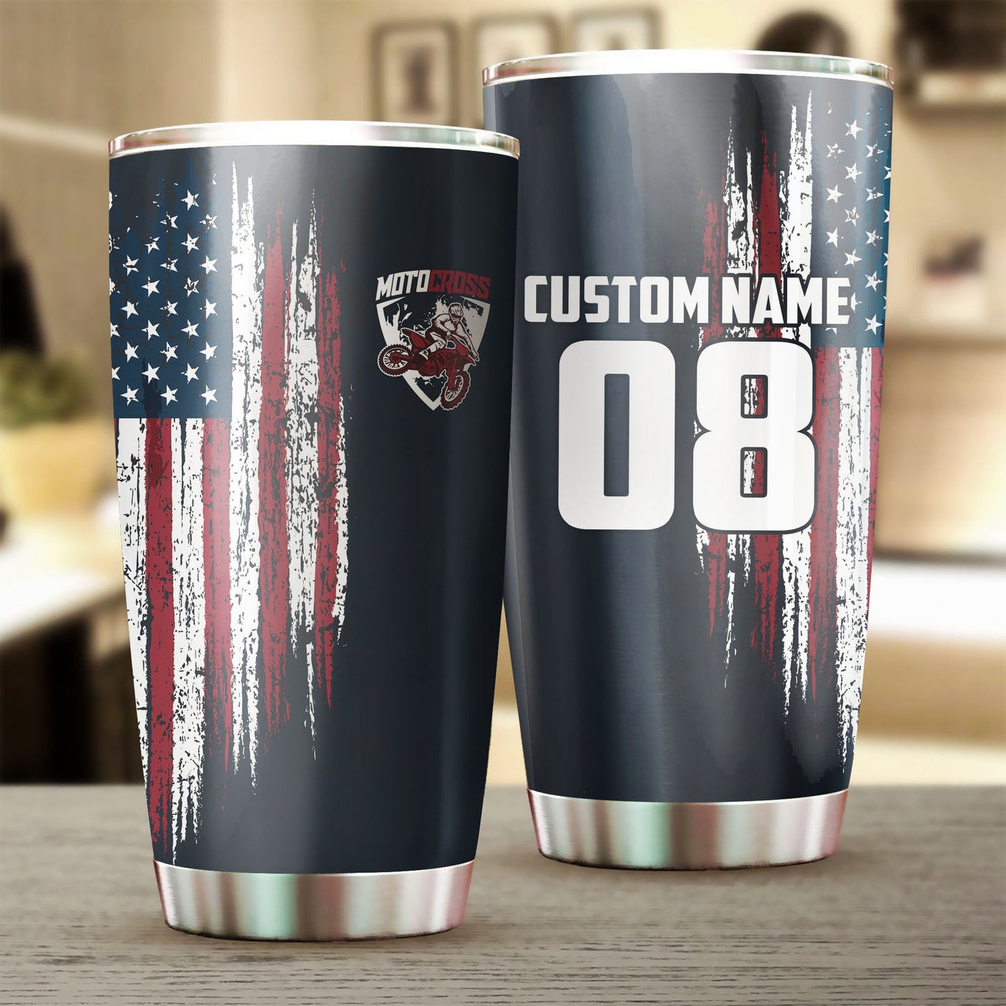 Personalized USA Flag Motocross Tumbler Cup - Riding Gift Biker Patriotic Gift Motorcycle Drinkware CDT17