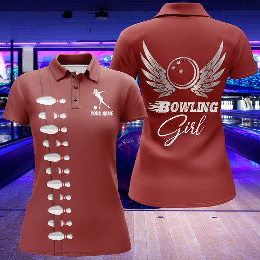 Personalized Women Polo Bowling Shirt, Bowling Girl Beautiful Wings Bowlers Jersey NBP35