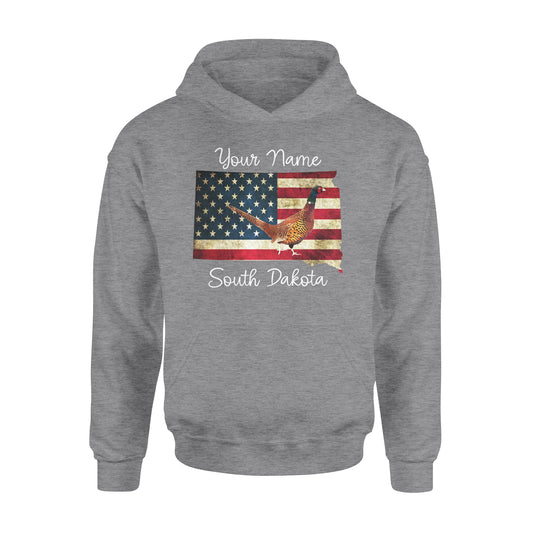 Pheasant hunting shirt South Dakota American Flag bird hunter custom name Hoodie - FSD1162 D06