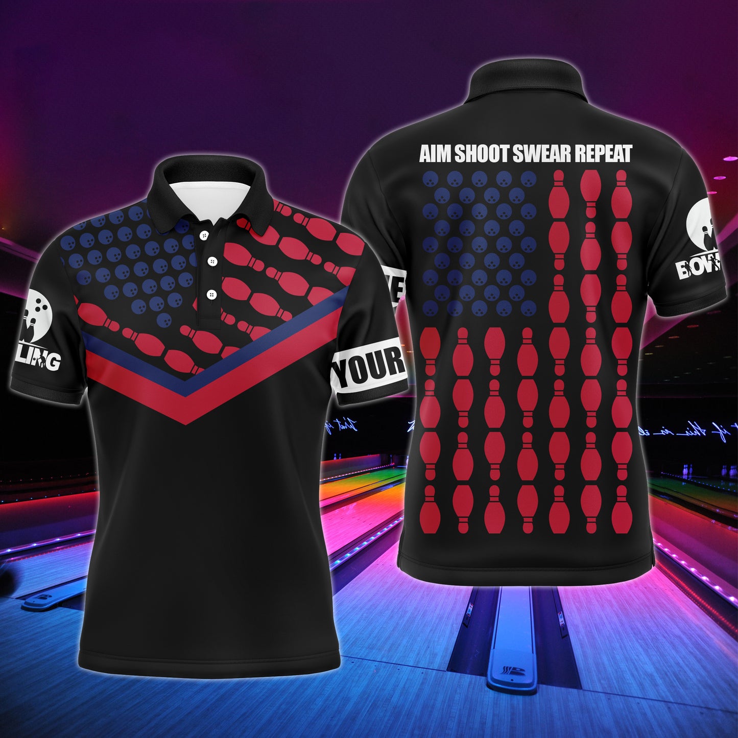 Patriotic Polo Bowling Shirt for Men Bowlers, Personalized American Flag Cool Bowling Jersey NBP32