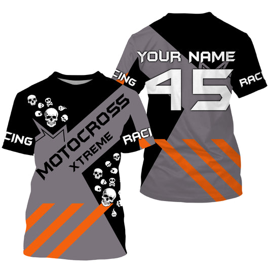 Black Motocross jersey custom name number kids men women UPF30+ dirt bike skull MX shirt offroad  PDT148