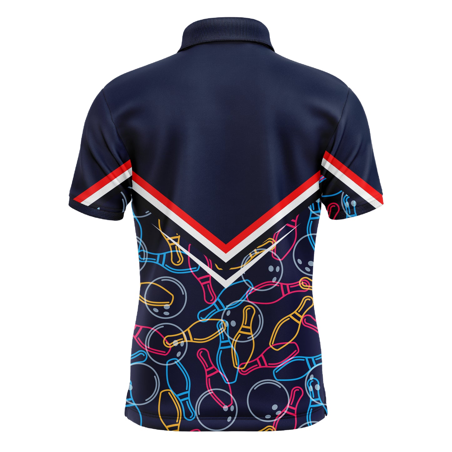 Custom Men Polo Bowling Shirt Navy Blue Bowling Pins and Ball Pattern Short Sleeve Men Bowlers NBP05