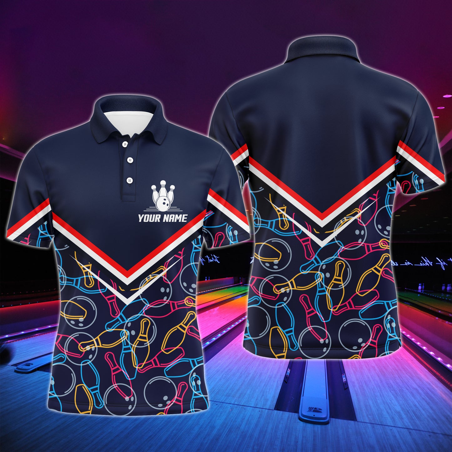 Custom Men Polo Bowling Shirt Navy Blue Bowling Pins and Ball Pattern Short Sleeve Men Bowlers NBP05