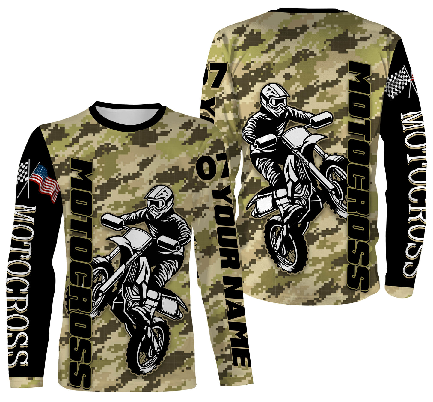 Motocross Rider Personalized Long Sleeves Hoodie T-shirt, Camo All Over Printed Motorcycle Off-road Racing| NMS299