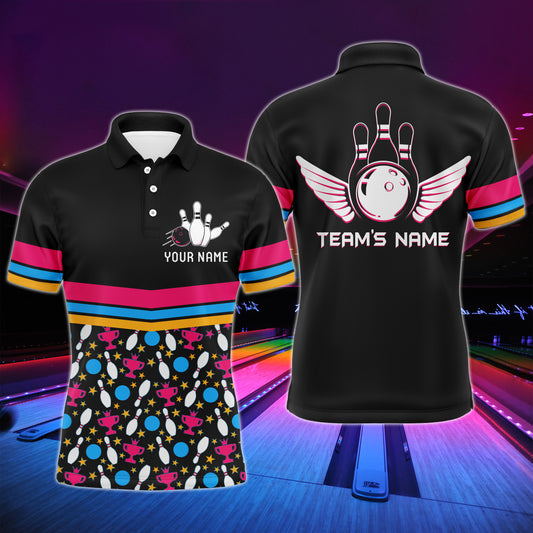 Personalized Men Polo Bowling Shirt Colorful Balls and Pins Champion Short Sleeves Men Bowlers NBP11