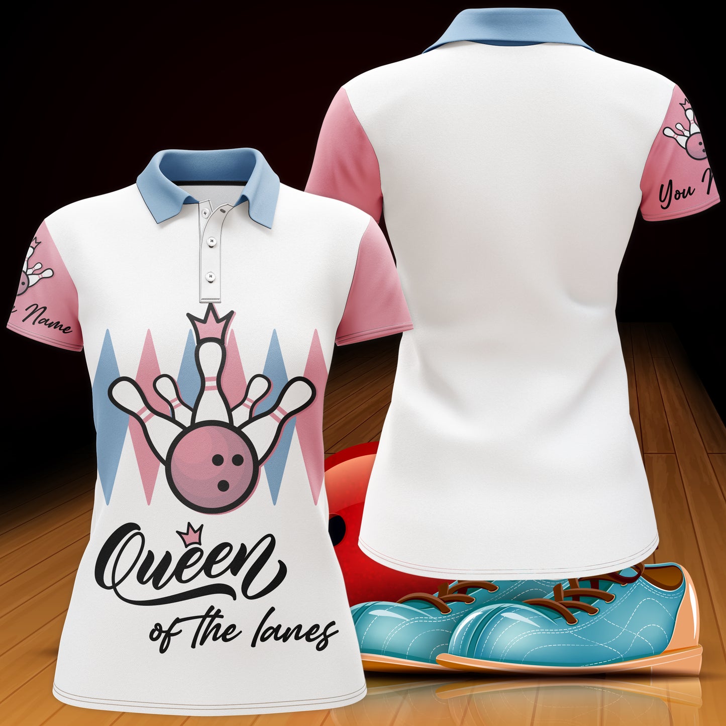 Personalized Women Polo Bowling Shirt, Queen of The Lanes, Short Sleeve Female Bowlers Jersey NBP30