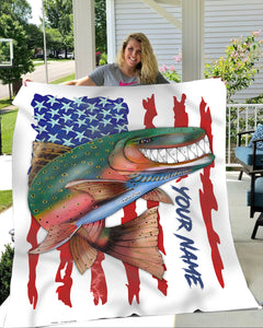 Trout fly fishing American flag funny rainbow trout ChipteeAmz's art custom name throw fleece blanket AT051