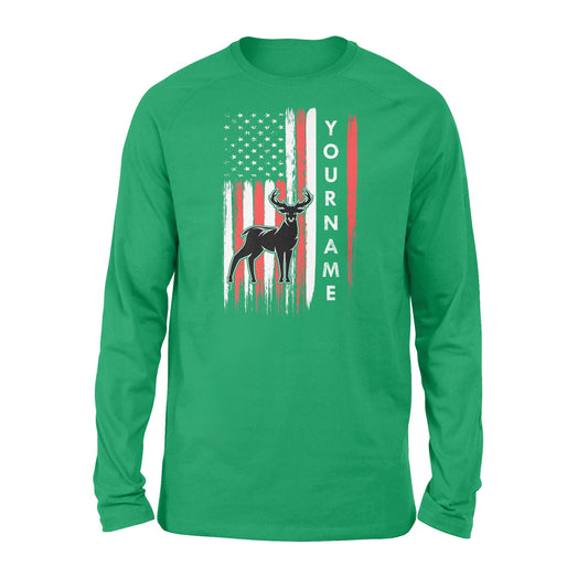 American flag deer hunting custom name shirt, personalized deer hunting apparel Long Sleeve- NQS1206