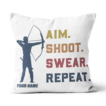 Funny Vintage Archery Aim Shoot Swear Repeat Custom Name White Pillow TDM0755