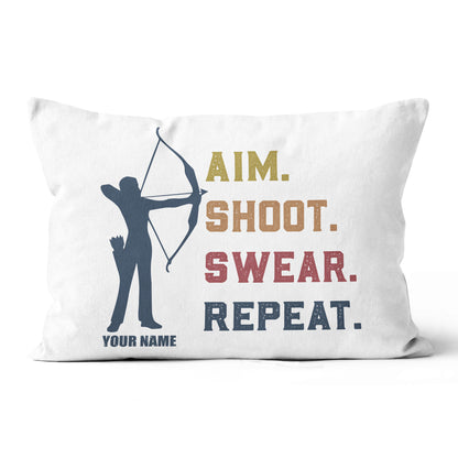 Funny Vintage Archery Aim Shoot Swear Repeat Custom Name White Pillow TDM0756