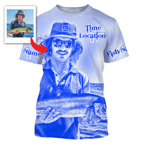 Fishing Shirt Custom Name, Image, Time, Location 3D UV protection Shirts UPF 30+ Fishing gift| Blue - TMTS050