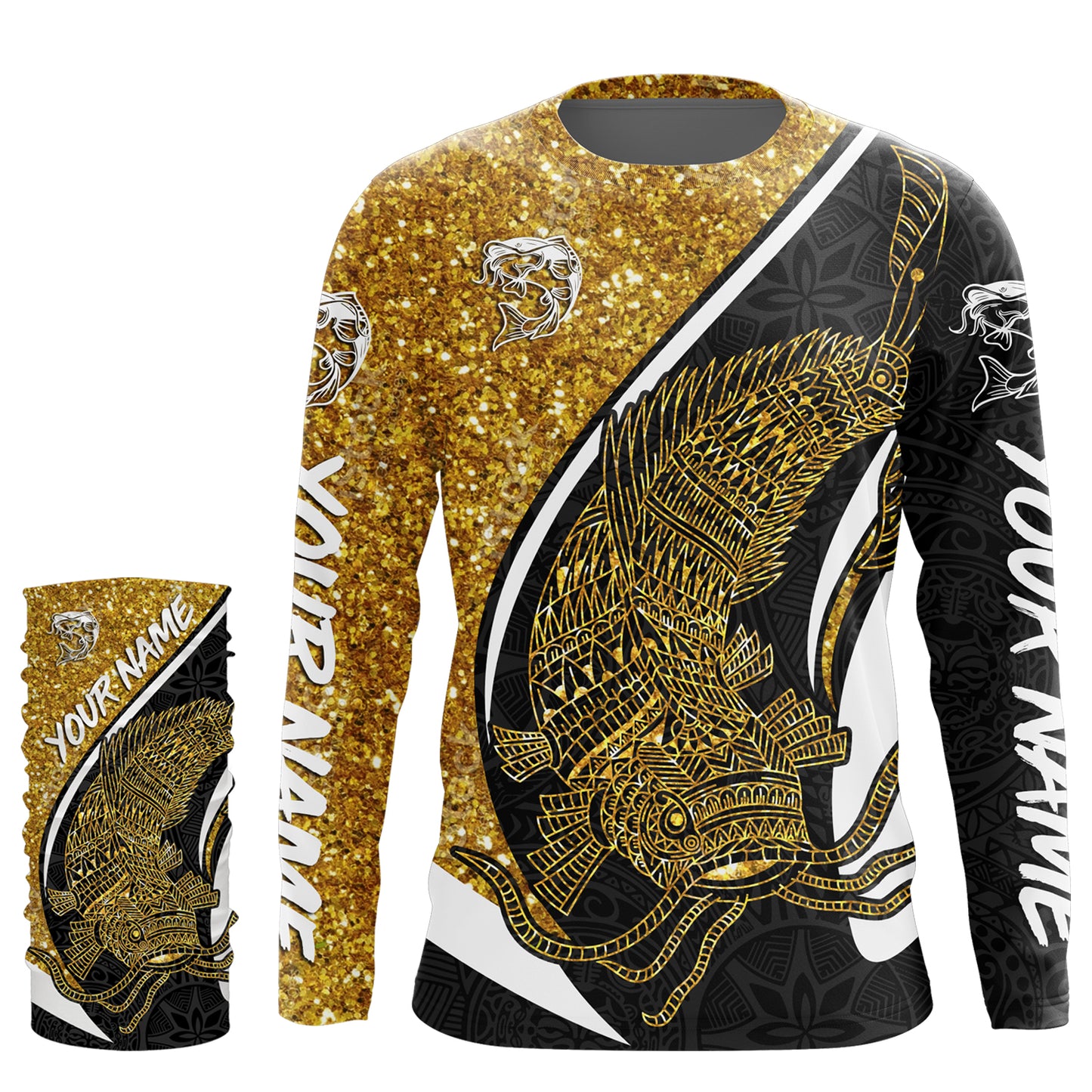 Catfish Fishing Gold Glitter Custom Name UV Protection Shirts, Tournament Fishing Catfish Fisherman Shirt TMTS020