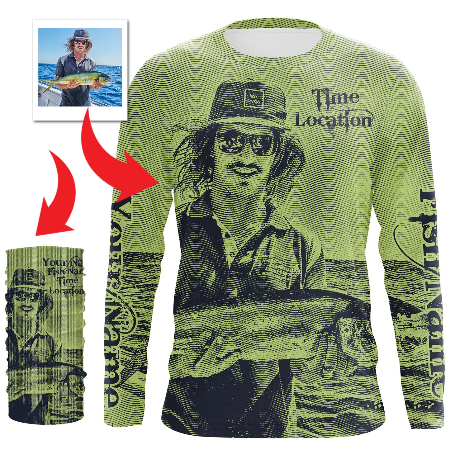 Fishing Shirt Custom Name, Image, Time, Location 3D UV protection Shirts UPF 30+ Fishing gift| Green- TMTS050