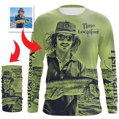 Fishing Shirt Custom Name, Image, Time, Location 3D UV protection Shirts UPF 30+ Fishing gift| Green- TMTS050