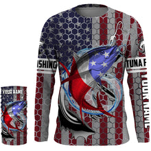 Load image into Gallery viewer, Personalized Tuna Fishing Fish Hook Vintage American Flag Saltwater Fishing UV Protection Fishing Shirts HVFS057