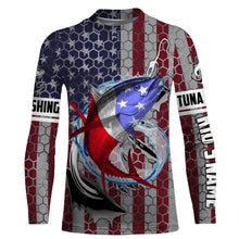 Load image into Gallery viewer, Personalized Tuna Fishing Fish Hook Vintage American Flag Saltwater Fishing UV Protection Fishing Shirts HVFS057
