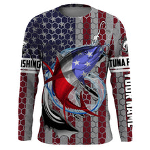 Load image into Gallery viewer, Personalized Tuna Fishing Fish Hook Vintage American Flag Saltwater Fishing UV Protection Fishing Shirts HVFS057