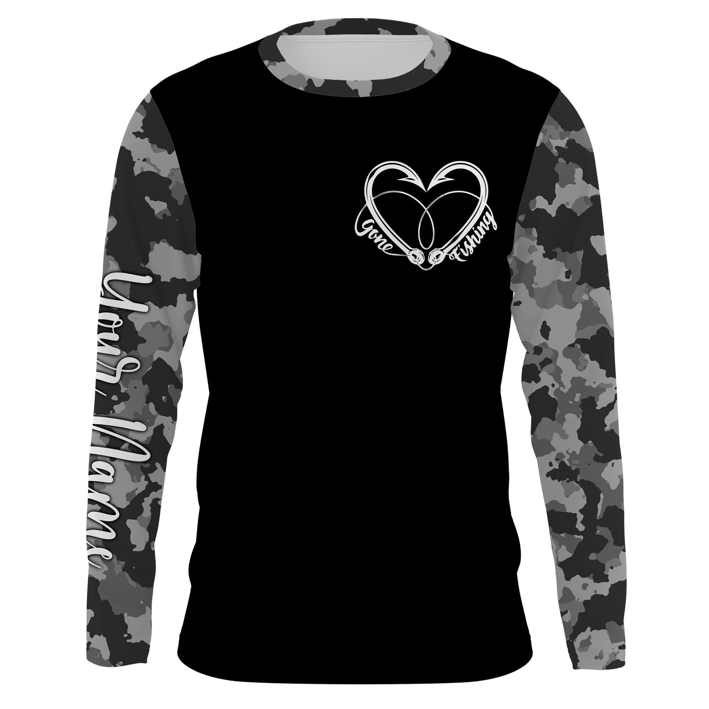 Gone Fishing Heart Fish Hook Gray Camo Performance Fishing Shirts UV Protection TTN34