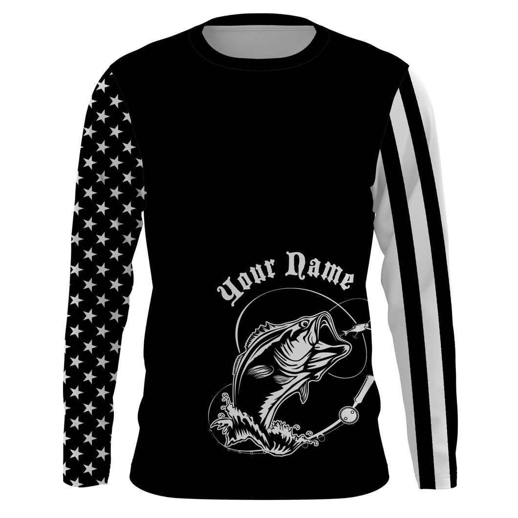 Custom Name Bass Fishing US Flag Performance Fishing Shirt, Bass Fishing Jerseys