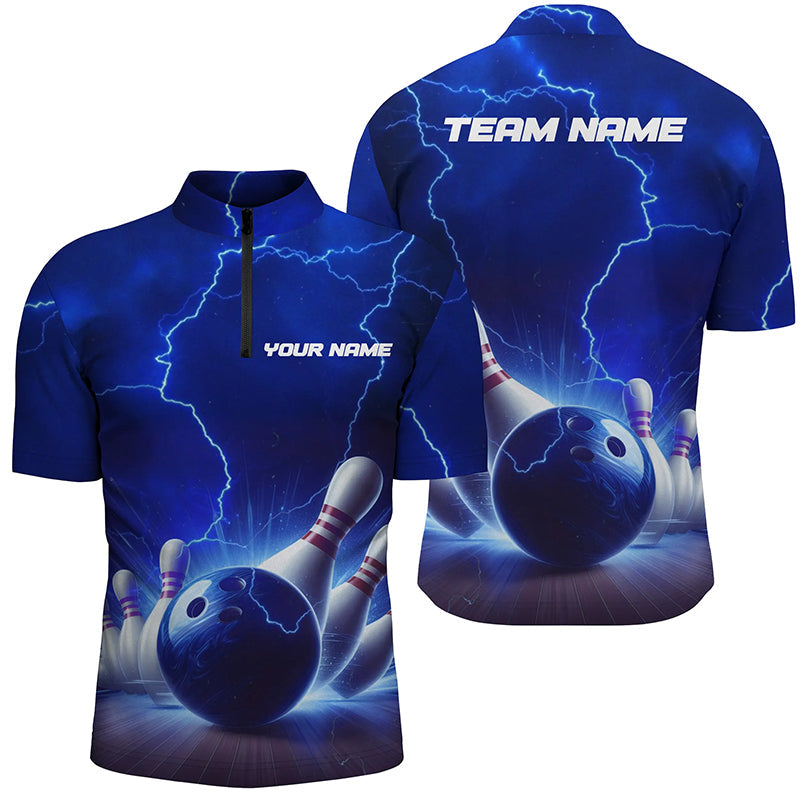 Blue Thunder Lightning Men Bowling Quarter Zip Shirts Personalized Bowling League Team Jerseys IPHW5393