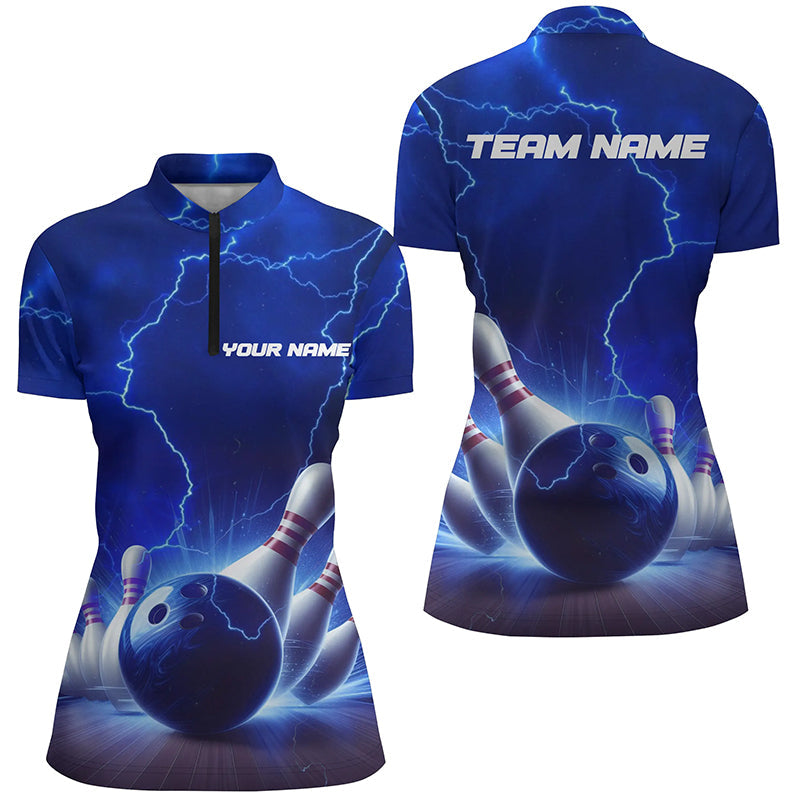 Blue Thunder Lightning Women Bowling Quarter Zip Shirts Customm Bowling League Team Jerseys IPHW5393