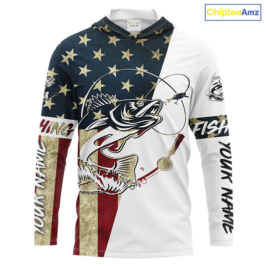 Walleye Fishing American Flag Custom Long Sleeve Fishing Shirts, Personalized Patriotic Fishing Gifts UV clothing - IPHW1109