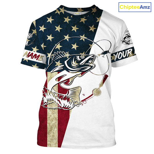 Walleye Fishing American Flag Custom Long Sleeve Fishing Shirts, Personalized Patriotic Fishing Gifts UV clothing - IPHW1109
