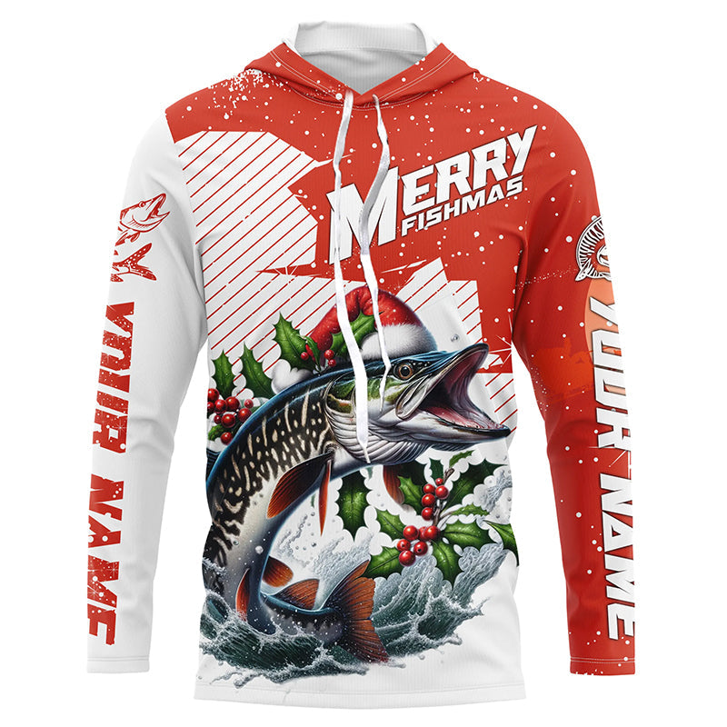 Merry Fishmas Custom Musky Long Sleeve Christmas Fishing Shirts, Personalized Xmas Fishing Gifts IPHW5581