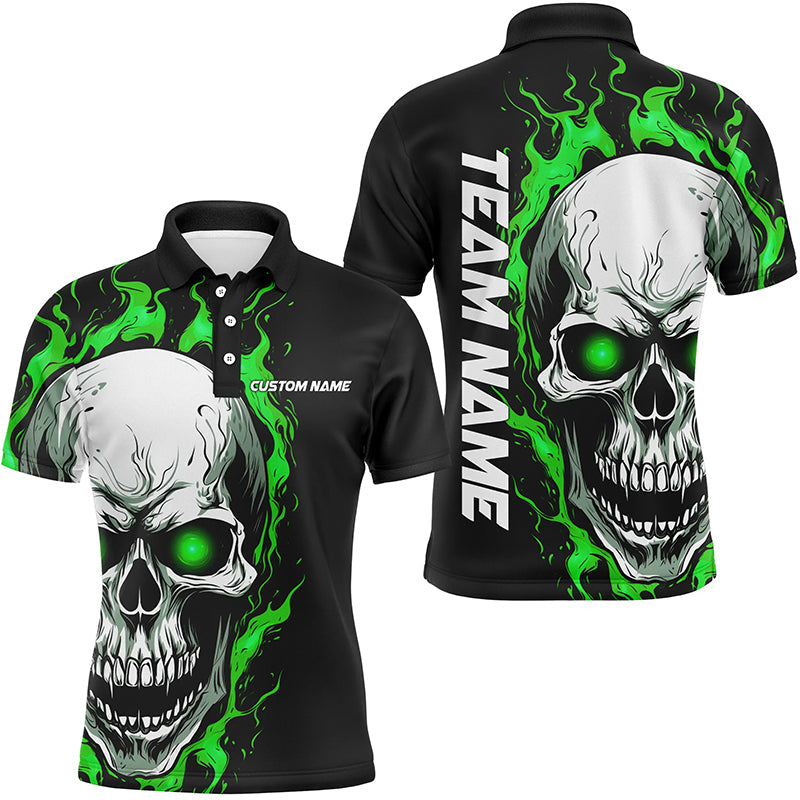 Green Flame Skull Sport Jerseys, Custom Team Bowling Polo Shirts For Men, Bowler Outfits IPHW5269