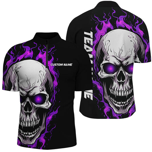 Purple Flame Skull Sport Jerseys, Custom Team Bowling Quarter Zip Shirts For Men, Bowler Outfits IPHW5273