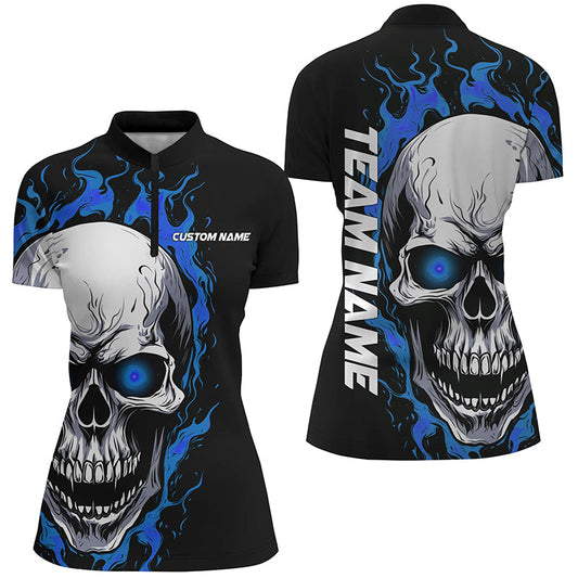 Blue Flame Skull Women Sport Jerseys, Custom Team Bowling Ladies Quarter Zip Shirts IPHW5274
